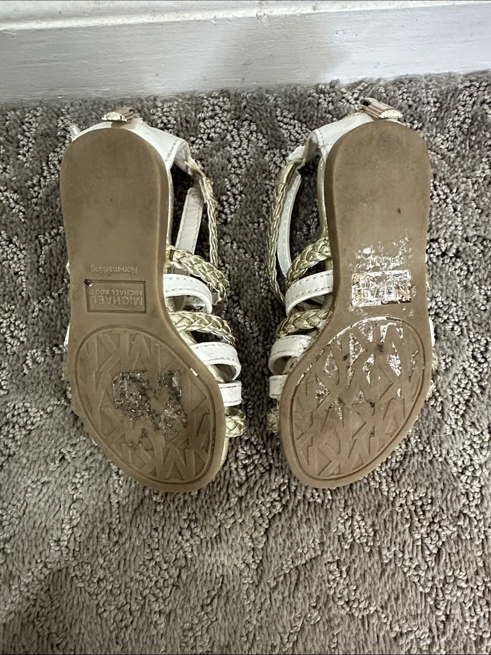 Michael Kors White and Gold Braided Strap Sandals